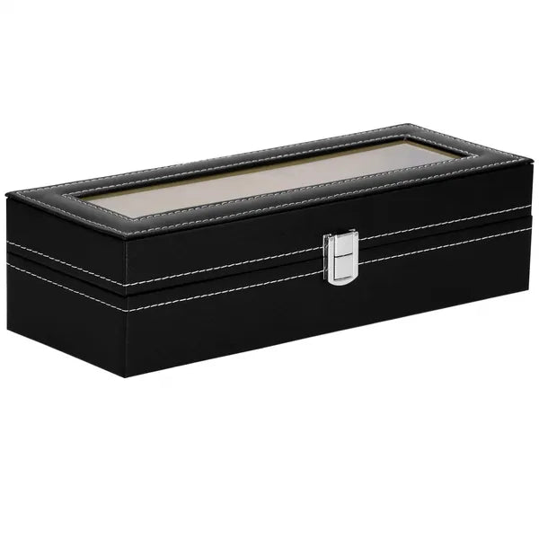 Fekete 6 férőhelyes óratartó doboz MDF műbőrrel, zárral