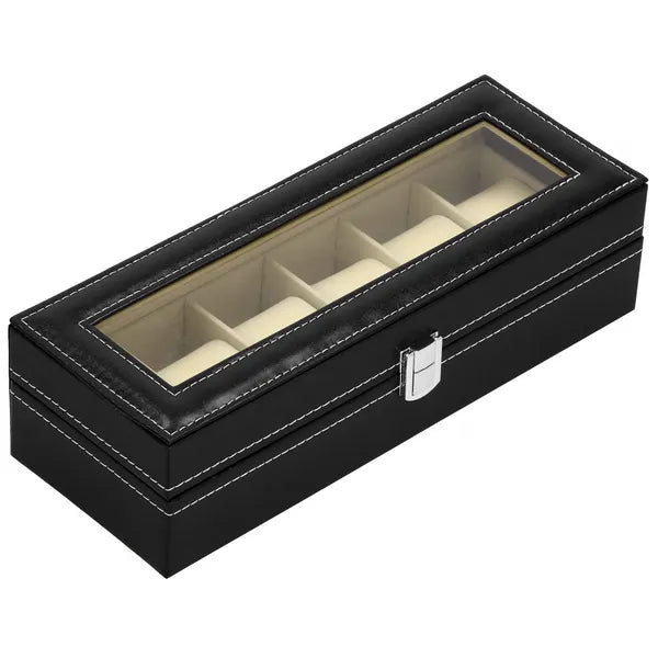 Fekete 6 férőhelyes óratartó doboz MDF műbőrrel, zárral