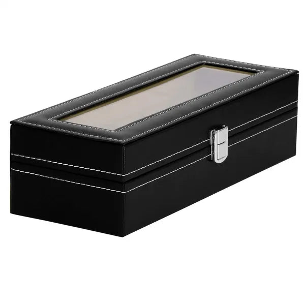Fekete 6 férőhelyes óratartó doboz MDF műbőrrel, zárral