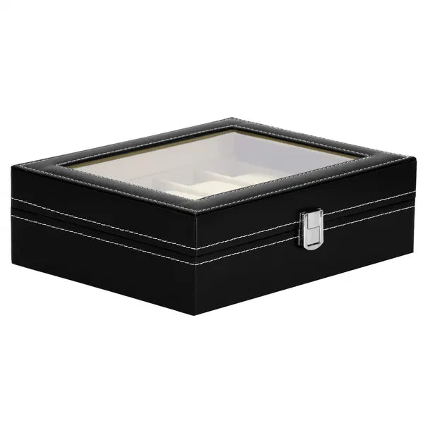 10 férőhelyes fekete óratartó doboz MDF & eco bőr, üvegtető 25x20x8 cm