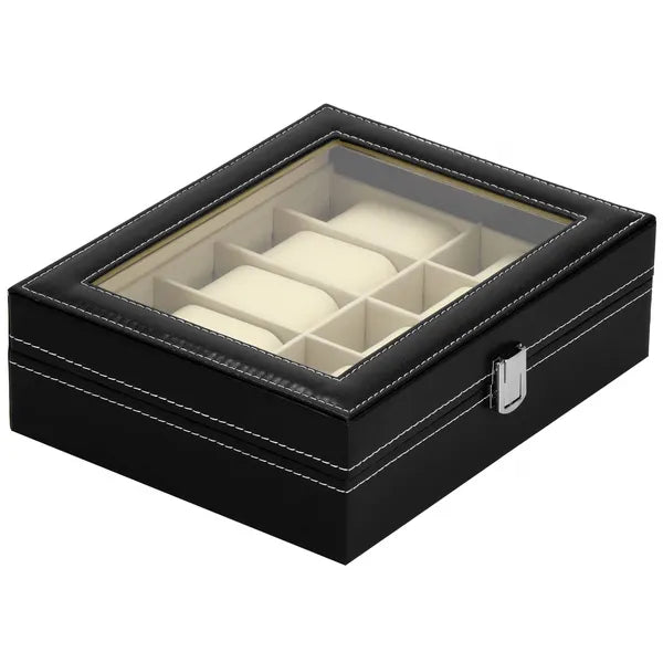 10 férőhelyes fekete óratartó doboz MDF & eco bőr, üvegtető 25x20x8 cm