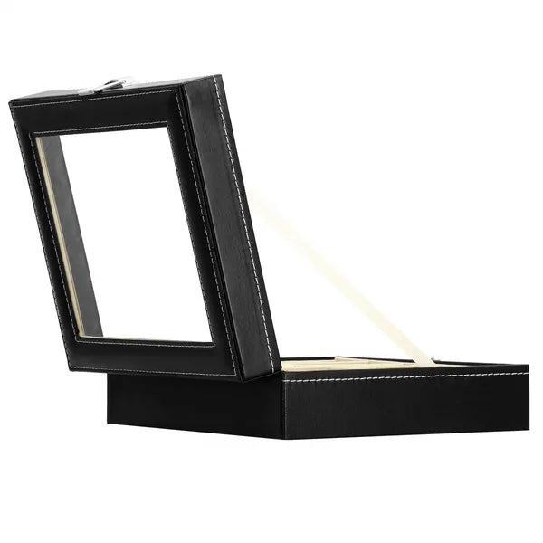 10 férőhelyes fekete óratartó doboz MDF & eco bőr, üvegtető 25x20x8 cm