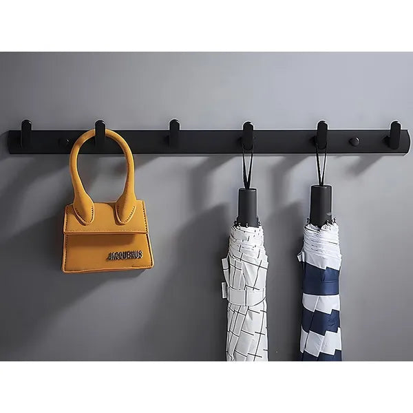 Fali törölköző- és ruhafogas, 6 akasztó, fekete, 54,5 cm