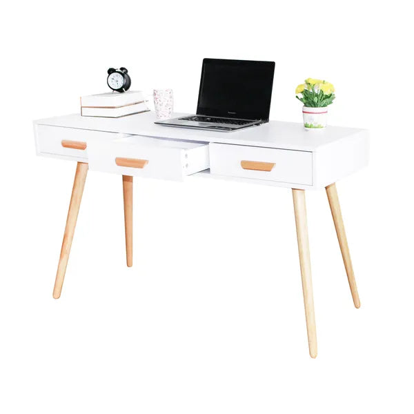 Fehér modern íróasztal/konzolasztal 3 fiókkal, 120x45x75 cm, fenyő lábak