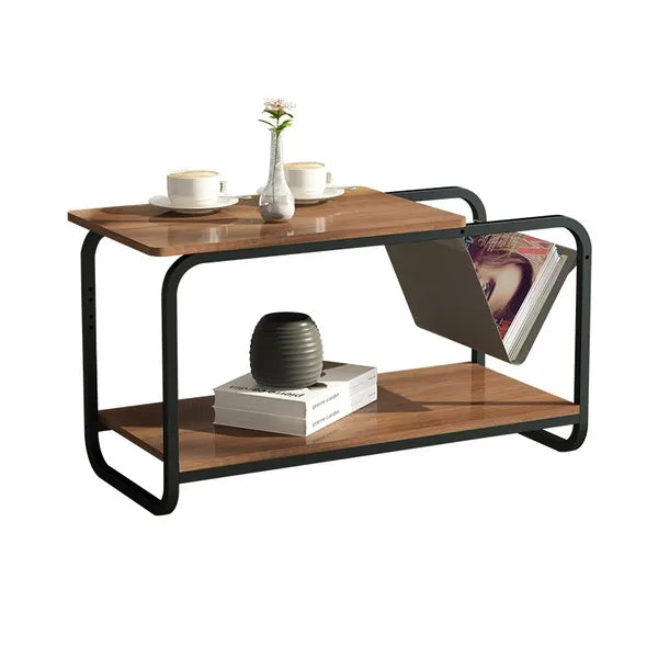 Modern loft dohányzóasztal, 2 szintes, MDF 86,5×40×46 cm, fekete fém vázzal