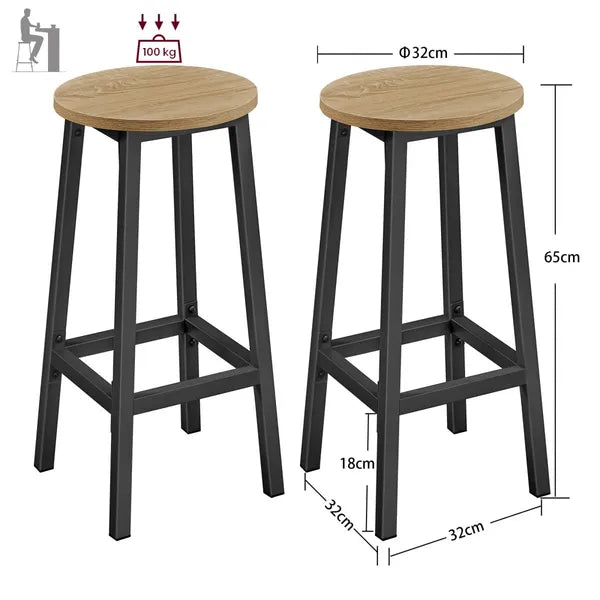 2 db 65 cm magas, lábtartós, acél vázas kerek bárszék szett
