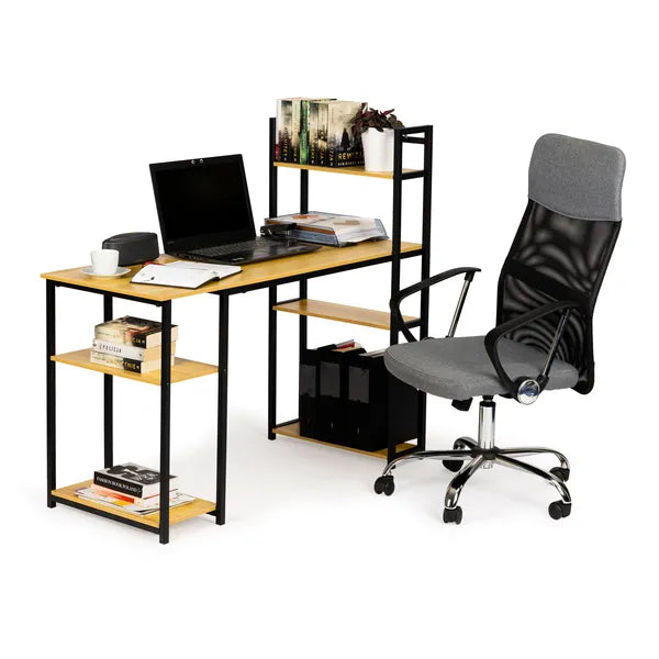 Loft stílusú íróasztal 6 polccal, világos tölgy, 120×54 cm