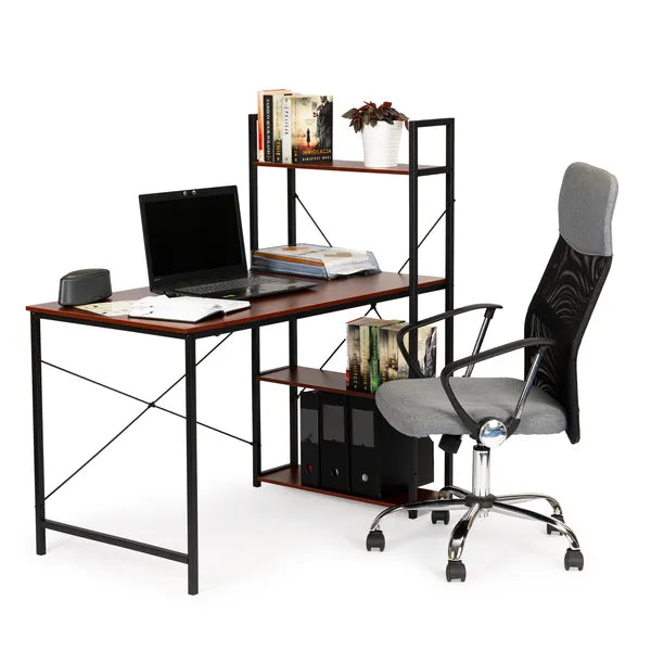 Loft stílusú fa–fém számítógépasztal, 120×64 cm, 4 polccal