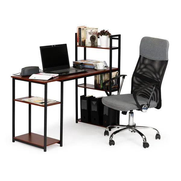 Loft stílusú számítógépasztal 120×54 cm, 6 polc, világos tölgy/fekete