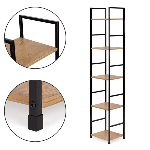 Loft stílusú 5 polcos fa-MDF könyvespolc fém vázzal, 144,5 cm