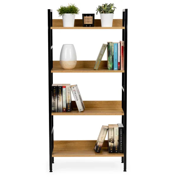 Loft stílusú 4 polcos fa–fém könyvespolc, 60x28x125 cm, állítható lábakkal