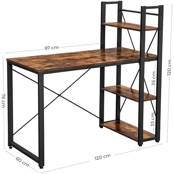 Íróasztal loft stílusban, 120×60 cm, 4 polccal, barna/fekete fémvázzal