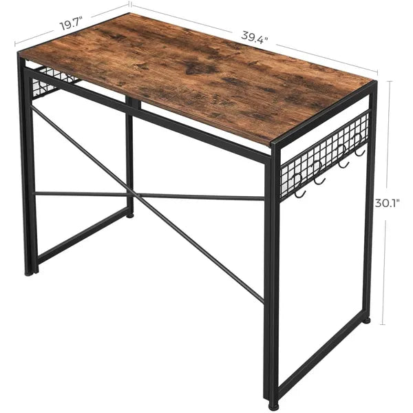 Rusztikus barna-fekete számítógép asztal 100×50×76 cm, fém vázzal, kampókkal