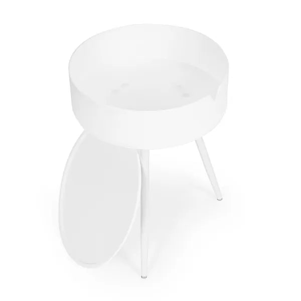 Kerek fehér kisasztal 40 cm – levehető tálca tető, tároló