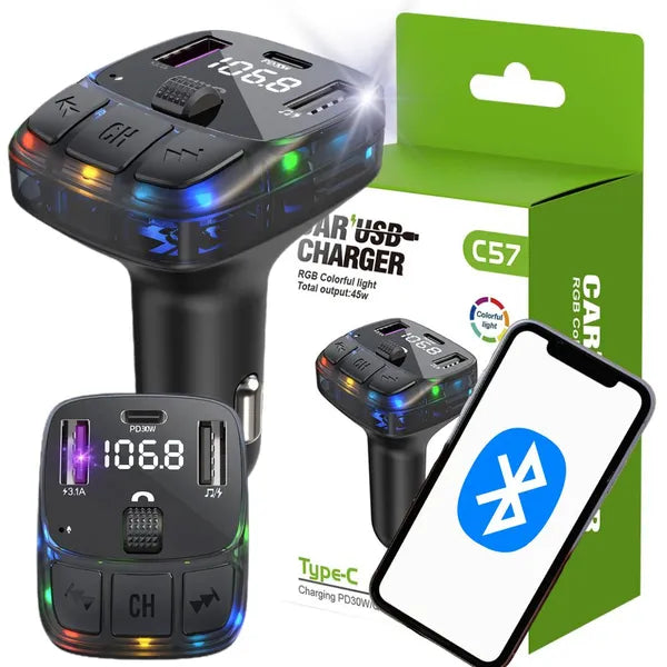 Bluetooth 5.3 autós FM transzmitter, USB-C PD 30 W + 2×USB-A QC3.0, LED