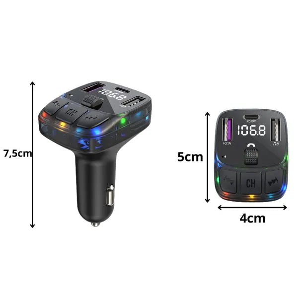 Bluetooth 5.3 autós FM transzmitter, USB-C PD 30 W + 2×USB-A QC3.0, LED