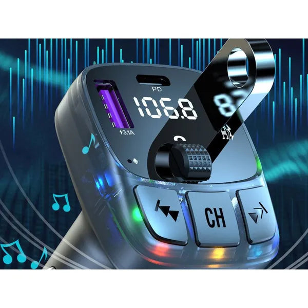 Bluetooth 5.3 autós FM transzmitter, USB-C PD 30 W + 2×USB-A QC3.0, LED