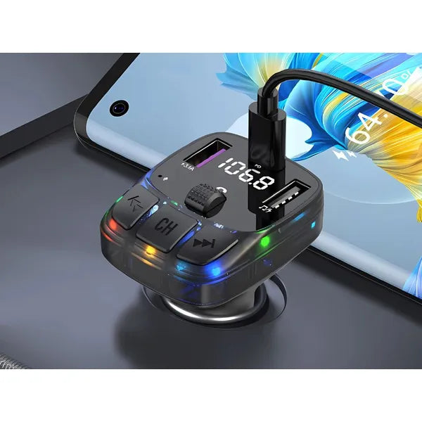 Bluetooth 5.3 autós FM transzmitter, USB-C PD 30 W + 2×USB-A QC3.0, LED