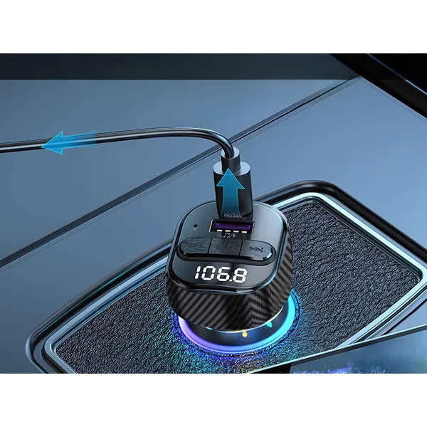 Autós FM Bluetooth 5.3 transzmitter, USB-C PD 30W + USB-A QC3.0 töltő, LED