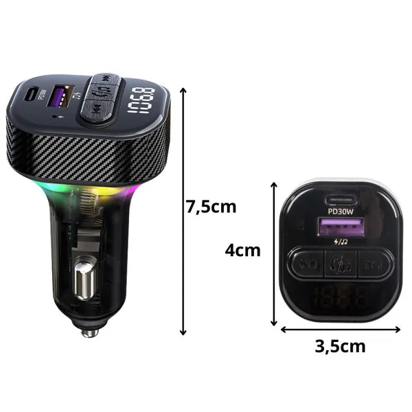 Autós FM Bluetooth 5.3 transzmitter, USB-C PD 30W + USB-A QC3.0 töltő, LED