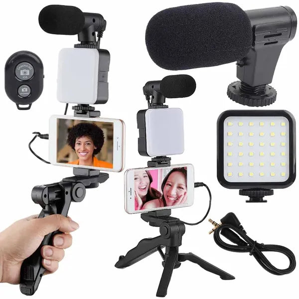 Vlogging készlet okostelefonhoz – állvány, LED lámpa, puskamikrofon, BT távkioldó
