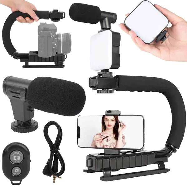 Vlogging készlet okostelefonhoz: C-markolat, állvány, mikrofon, LED, BT táv