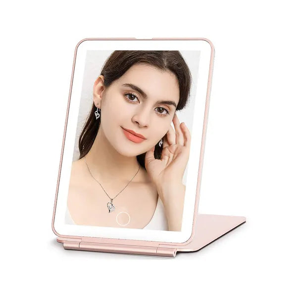 Összecsukható LED sminktükör utazáshoz, rózsaszín, USB-vel tölthető, érintőgomb