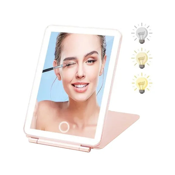 Összecsukható LED sminktükör utazáshoz, rózsaszín, USB-vel tölthető, érintőgomb