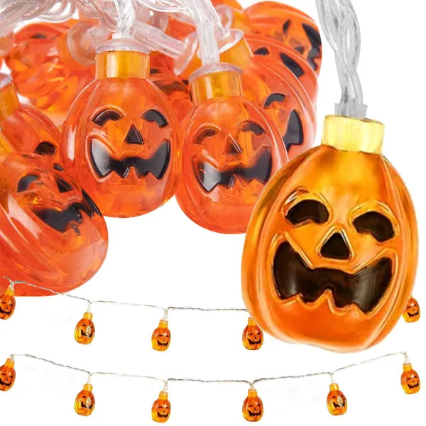 10 LED tök formájú fényfüzér 2 m, elemes, meleg fehér Halloween dekor