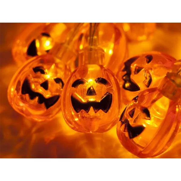 10 LED tök formájú fényfüzér 2 m, elemes, meleg fehér Halloween dekor