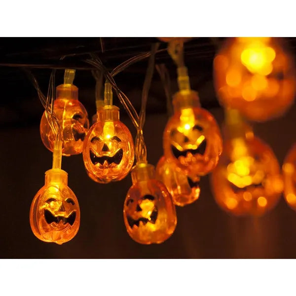 10 LED tök formájú fényfüzér 2 m, elemes, meleg fehér Halloween dekor