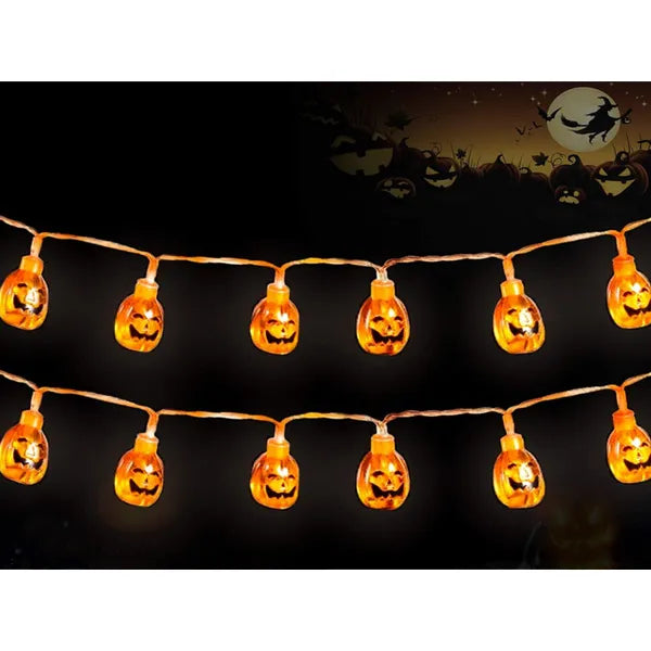 10 LED tök formájú fényfüzér 2 m, elemes, meleg fehér Halloween dekor