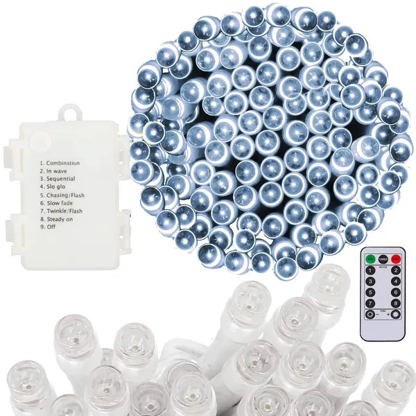 100 LED-es hidegfehér elemes fényfüzér, 10 m, IP44, távvezérlővel