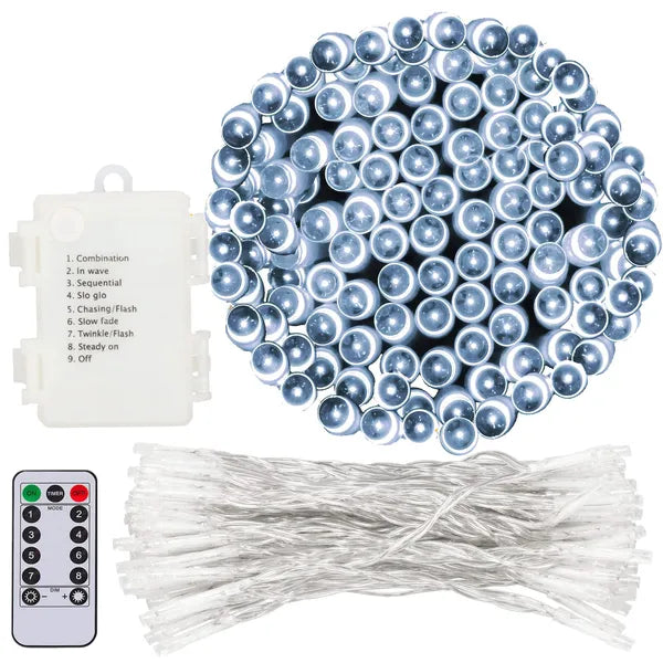 100 LED-es hidegfehér elemes fényfüzér, 10 m, IP44, távvezérlővel