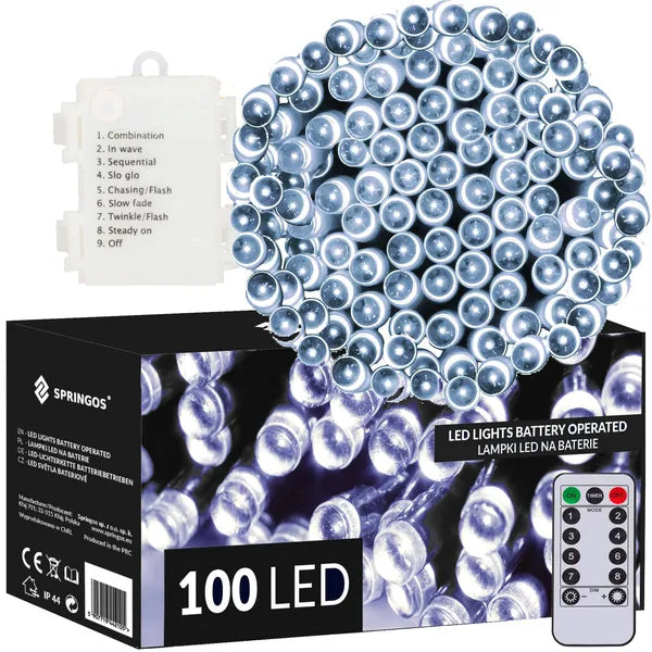 100 LED-es hidegfehér elemes fényfüzér, 10 m, IP44, távvezérlővel