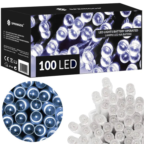 100 LED-es hidegfehér elemes fényfüzér, 10 m, IP44, távvezérlővel