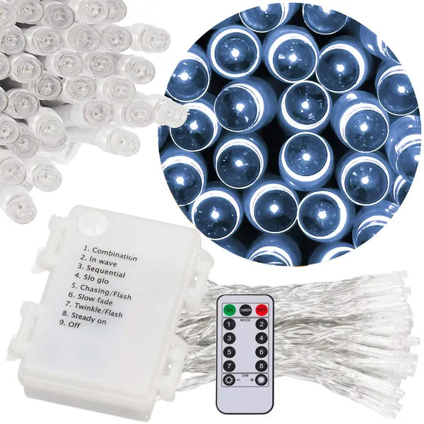 100 LED-es hidegfehér elemes fényfüzér, 10 m, IP44, távvezérlővel