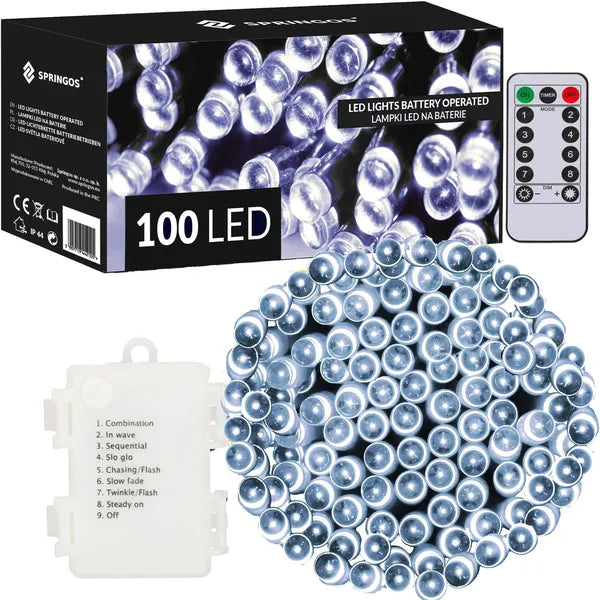 100 LED-es hidegfehér elemes fényfüzér, 10 m, IP44, távvezérlővel