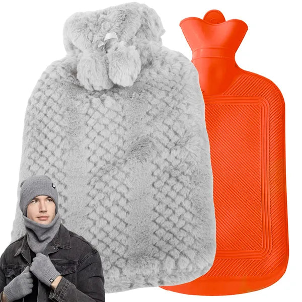 Szürke 2 l melegvizes palack plüss huzattal, vastag gumiból