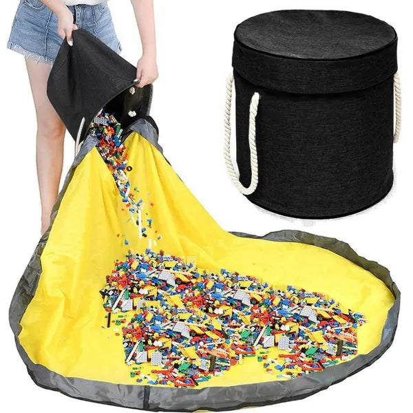 Fekete vízálló játéktároló kosár 32×28 cm, 140 cm lecsatolható játékszőnyeggel