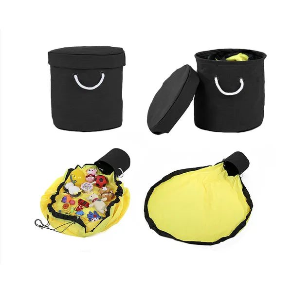 Fekete vízálló játéktároló kosár 32×28 cm, 140 cm lecsatolható játékszőnyeggel