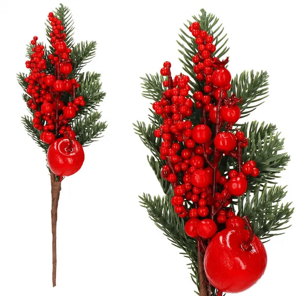 Karácsonyi dekorációs műfenyő ágcsokor piros gyümölcsökkel, 32 cm