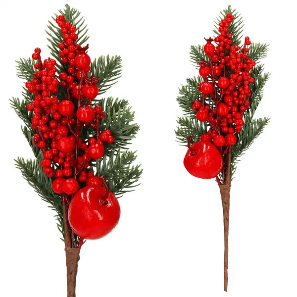 Karácsonyi dekorációs műfenyő ágcsokor piros gyümölcsökkel, 32 cm