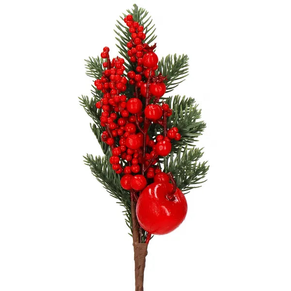 Karácsonyi dekorációs műfenyő ágcsokor piros gyümölcsökkel, 32 cm