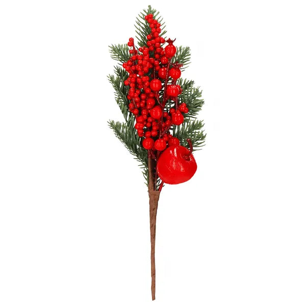 Karácsonyi dekorációs műfenyő ágcsokor piros gyümölcsökkel, 32 cm