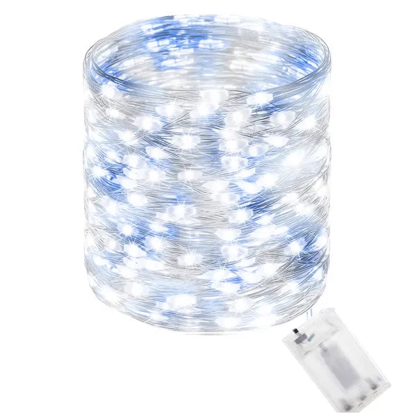 100 LED-es mikro dekorfény, elemre, 9,9 m, hideg fehér + kék