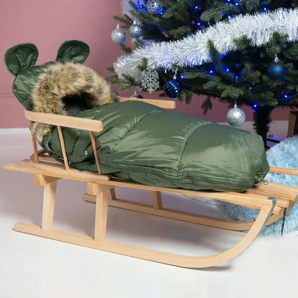 Zöld vízálló bundazsák babakocsiba, 96 cm, kivehető műszőrme gallér