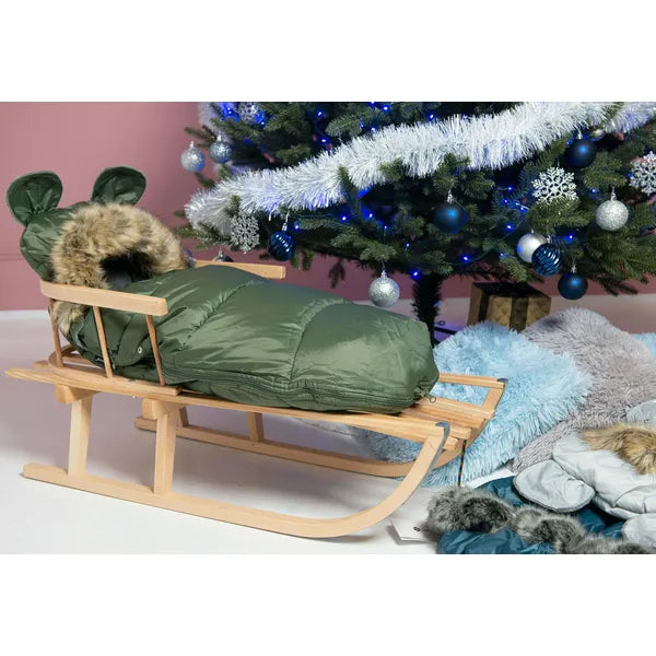 Zöld vízálló bundazsák babakocsiba, 96 cm, kivehető műszőrme gallér