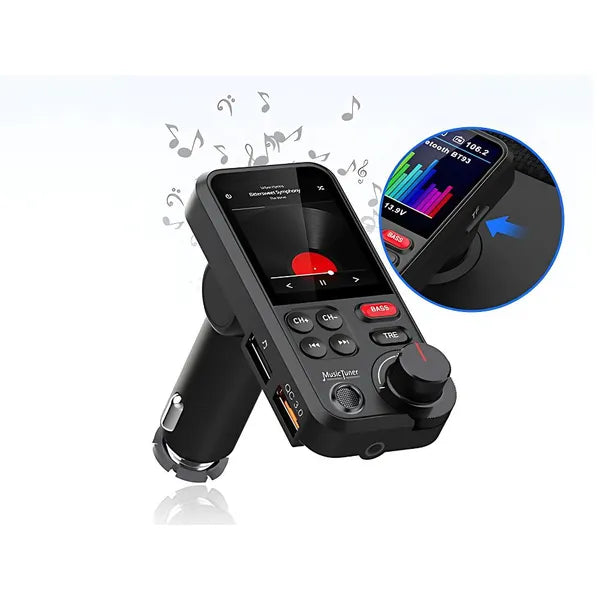 Bluetooth 5.0 FM transzmitter 12-24 V, QC 3.0 USB töltő, LCD kihangosító
