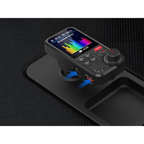Bluetooth 5.0 FM transzmitter 12-24 V, QC 3.0 USB töltő, LCD kihangosító